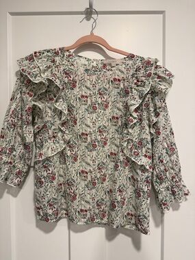 LOFT Cream Floral Ruffle Blouse with Red and Green Print